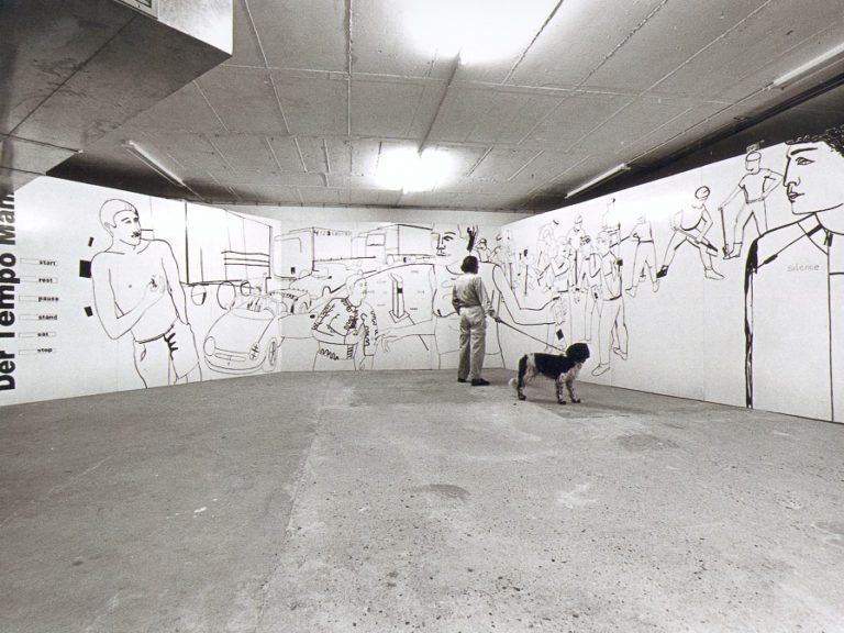 Der Tempo Mann, Der Tempo Mann, schilderij/fekening, olieverf op multiplex 12 x 2,50 m, 1998/1999, getoond in diverse vormen op: beeldende kunstmanifestatie Transformaties Lisserbroek, K.I. Safe, Dalfsen, Stadt Nordhorn, Duitsland en CBK Emmen