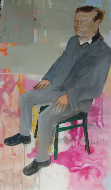 Painting of young Winston Churchill seated on chair