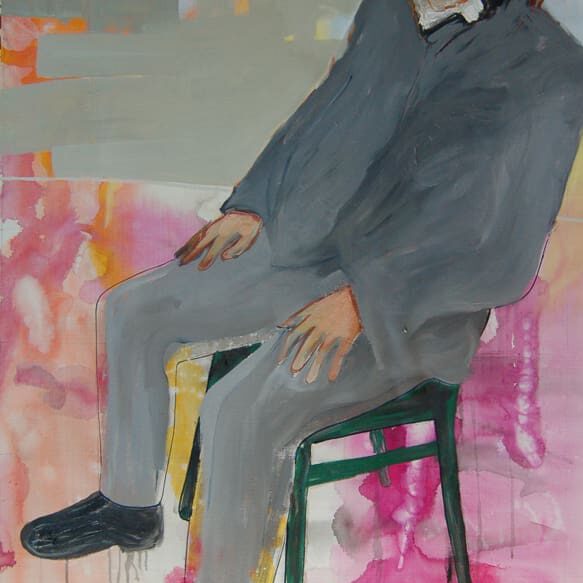 Painting of young Winston Churchill seated on chair