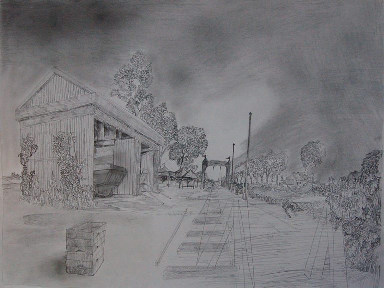 Een Genoegelijk Gemis, untitled/spoortracé Haarlem-Amsterdam, Potlood op papier, 65 x 55 cm, onderdeel van installatie, Tentoonstelling Tracing Places, Janskerk, Haarlem, 2008