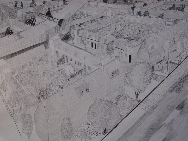 Een genoegelijk gemis, Untitled/Fokker boven Haarlem, Potlood op papier, 65 x 55 cm, onderdeel van installatie, Tentoonstelling Tracing Places, Janskerk, Haarlem, 2008