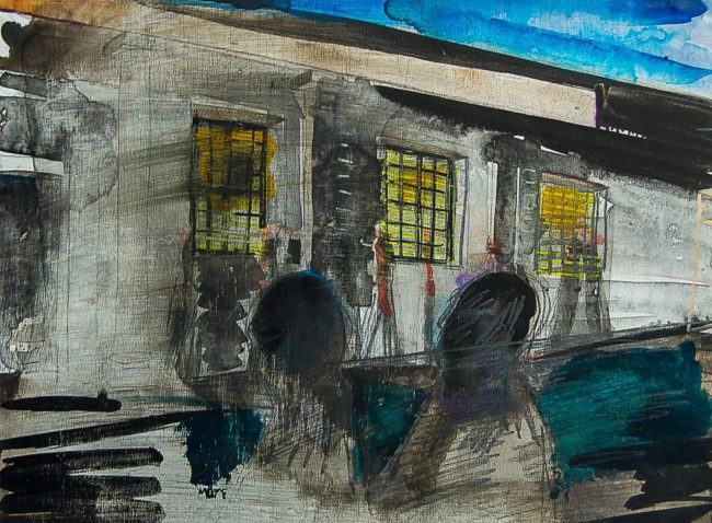 Syncope, documentaire installatie van 50 schilderijen van Marcel van Kerkvoorde over geschiedenis, educatie en erfgoed, Fort bij Asperen, 2018.