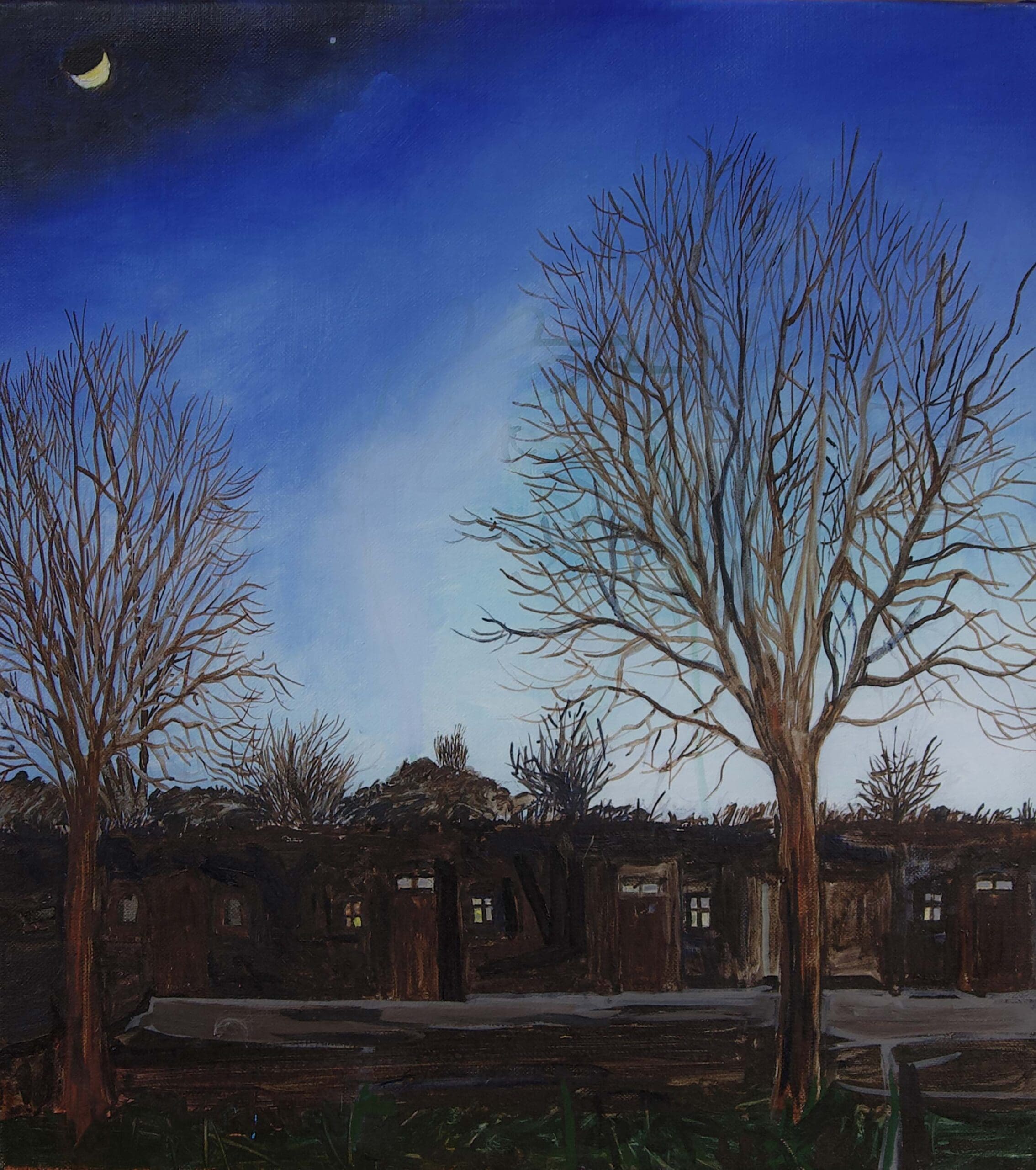 Schilderij van fort bij Vijfhuizen bij winters zonsondergang