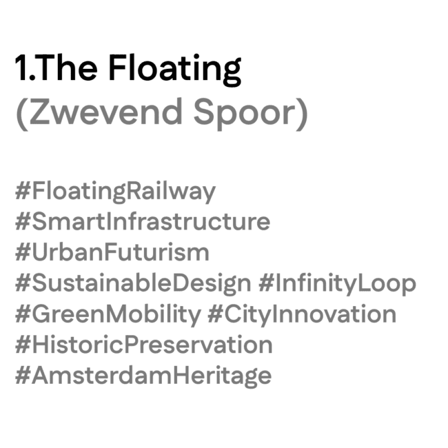 Titeltekst van ‘The Floating (Zwevend Spoor)’ met tags: #FloatingRailway #SmartInfrastructure #UrbanFuturism #SustainableDesign