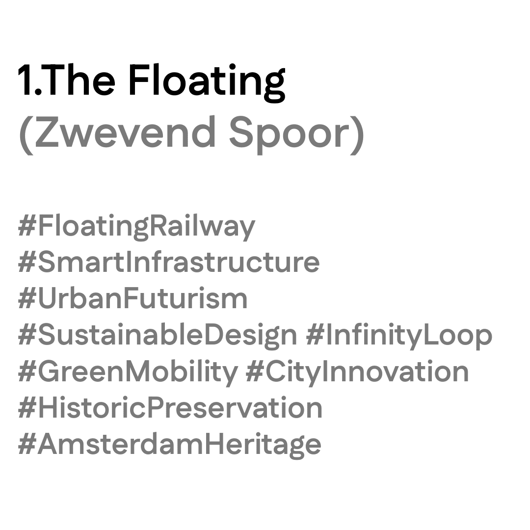 Titeltekst van ‘The Floating (Zwevend Spoor)’ met tags: #FloatingRailway #SmartInfrastructure #UrbanFuturism #SustainableDesign