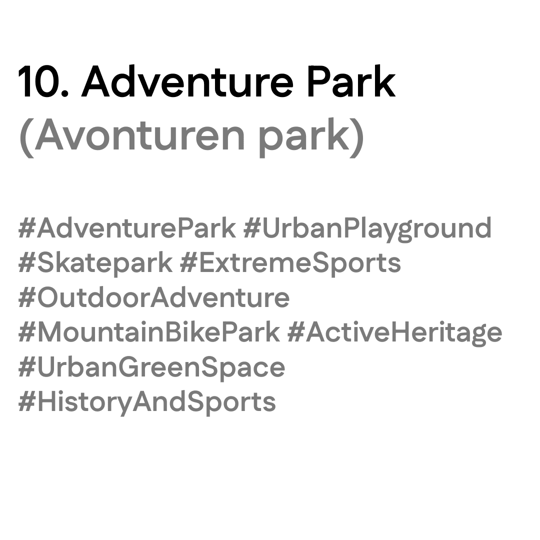 Titeltekst van ‘Adventure Park’ met tags: #AdventurePark #UrbanPlayground #ExtremeSports #OutdoorAdventure