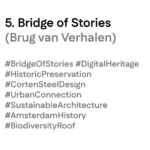 Titeltekst van ‘Bridge of Stories (Brug van Verhalen)’ met tags: #BridgeOfStories #DigitalHeritage #CortenSteelDesign #UrbanConnection