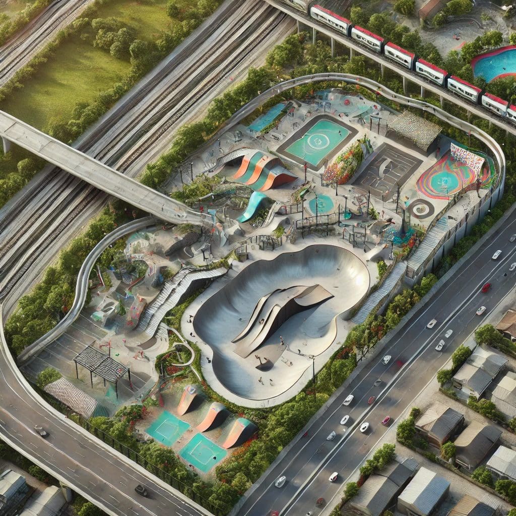 Adventure Park bij de Stelling van Amsterdam – Een Dynamische Recreatieplek Luchtfoto van een stedelijk adventure park met een groot skatepark, klimmuren, sportvelden en speelelementen, omringd door wegen, spoorlijnen en groenvoorzieningen.