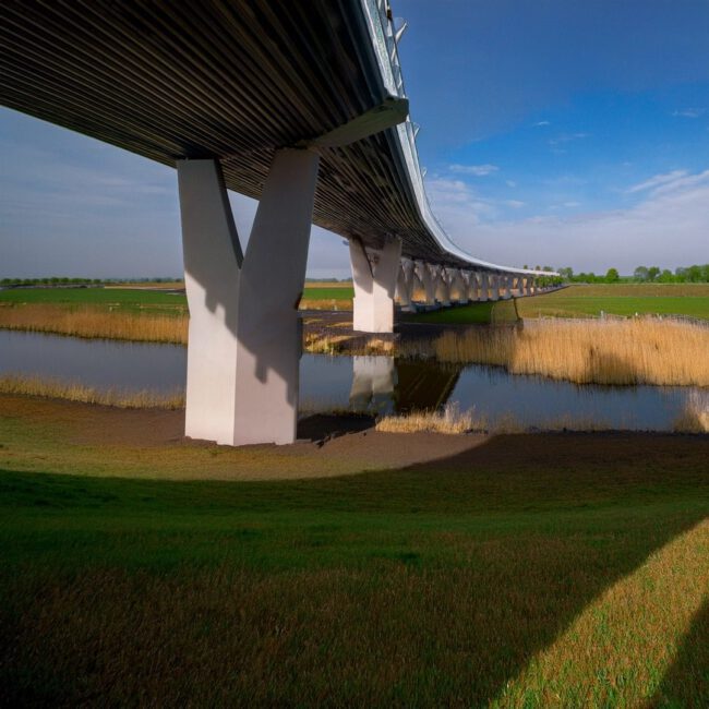 De Slangenbrug, een organische en speelse brug die door het landschap slingert.