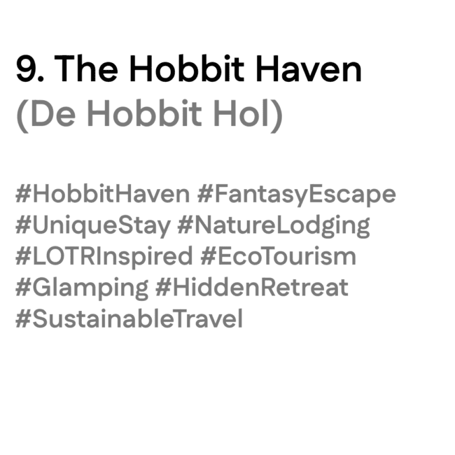 Titeltekst van ‘The Hobbit Haven (De Hobbit Hol)’ met tags: #HobbitHaven #FantasyEscape #NatureLodging #EcoTourism