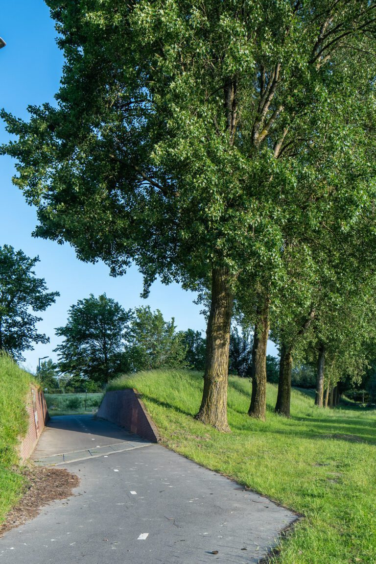 Beeldpaneel Kanon langs de Geniedijk met doorgang door de keerwanden en beeldpaneel De Stelling