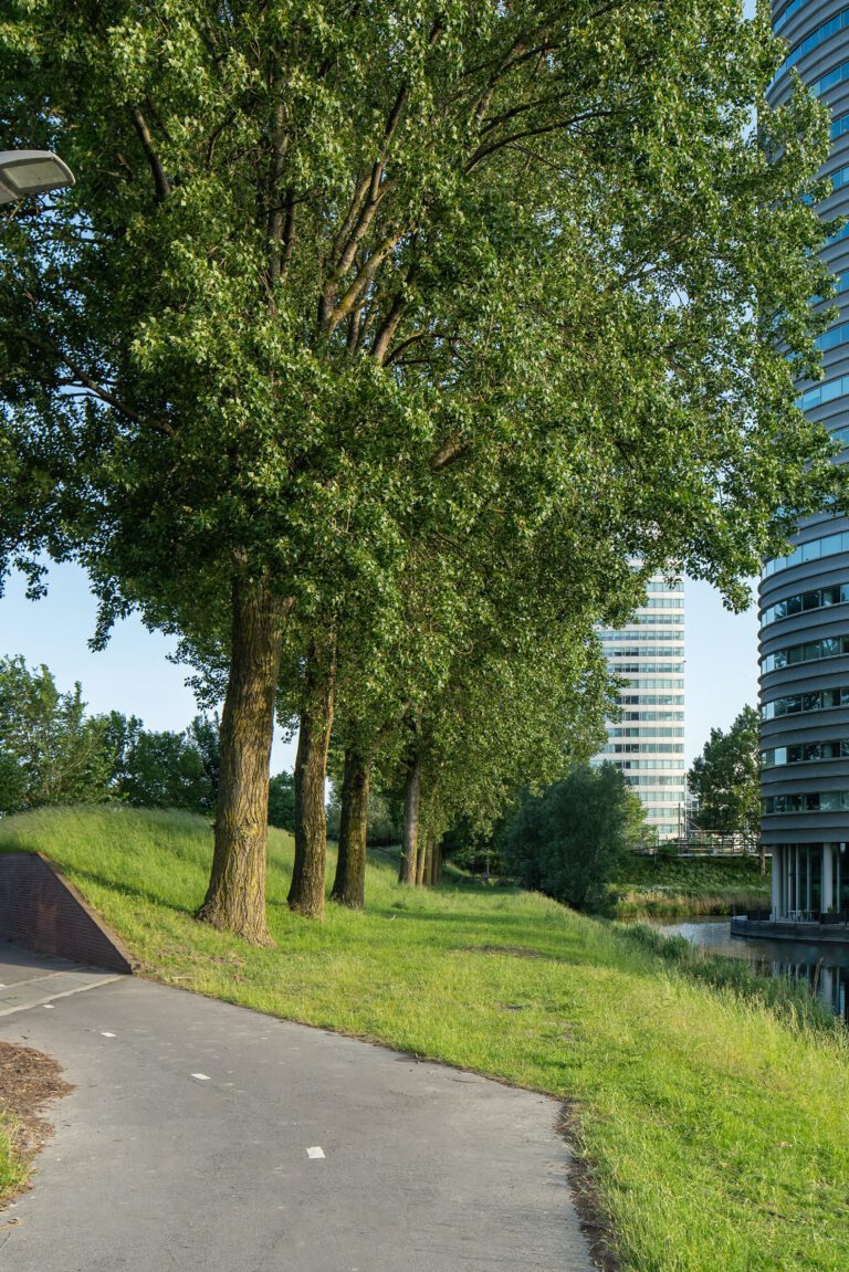 Beeldpaneel Kanon langs de Geniedijk met doorgang door de dijk, watergang en moderne bebouwing van Hoofddorp