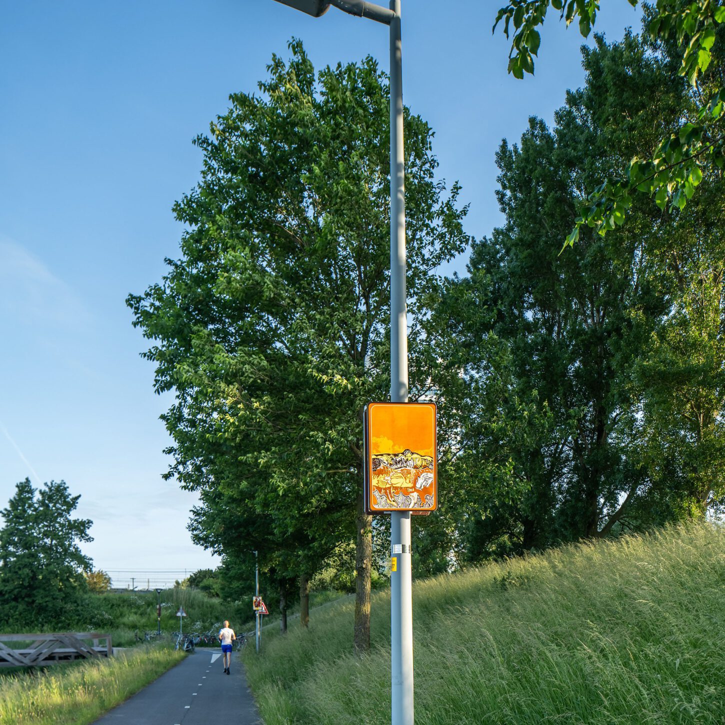 Beeldpaneel De golf langs de Geniedijk met hardloper op het fietspad en het landschap van de Stelling van Amsterdam