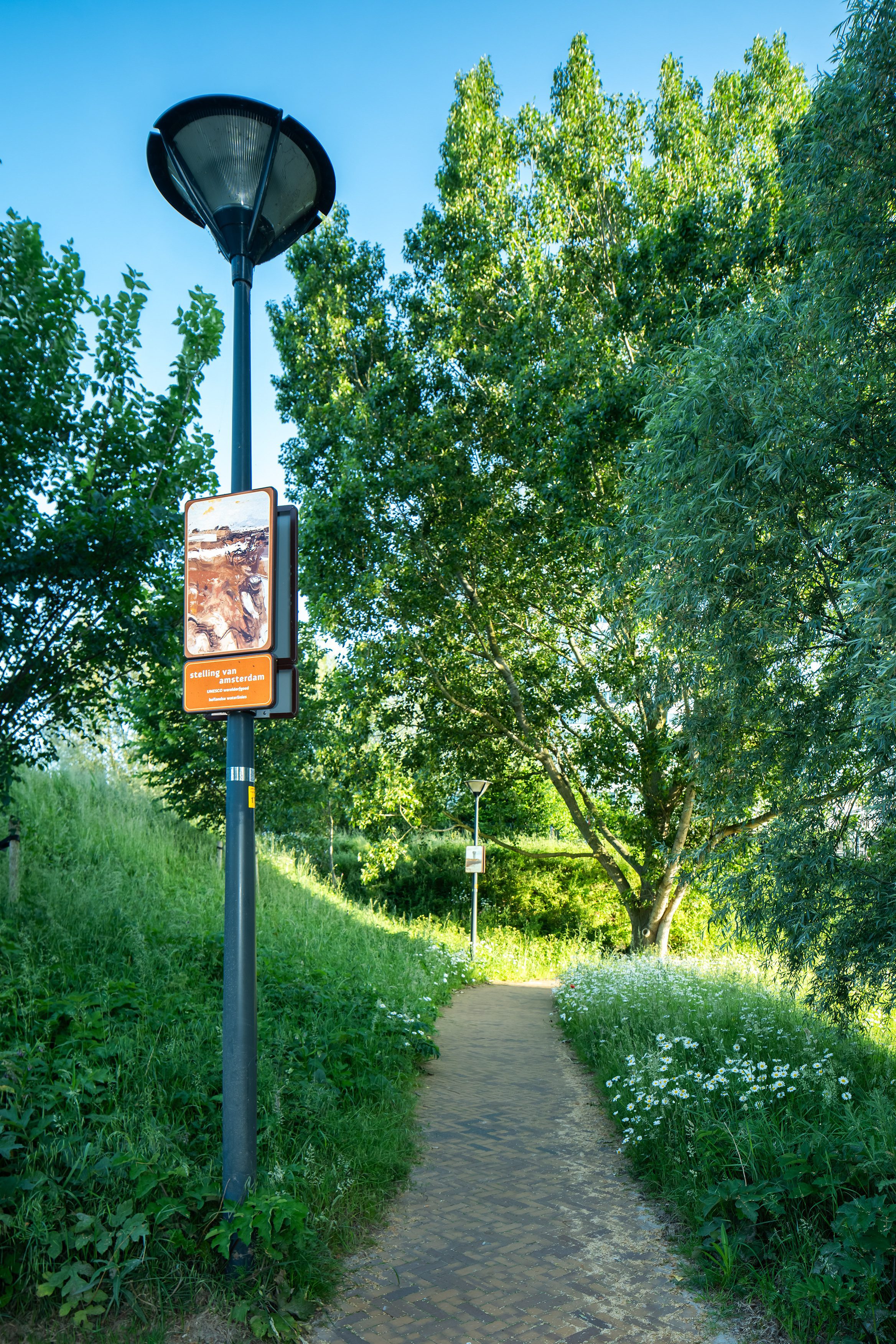 Beeldpaneel Modder en water langs een wandelpad op de Geniedijk met bomen, bloemen en dijkvegetatie