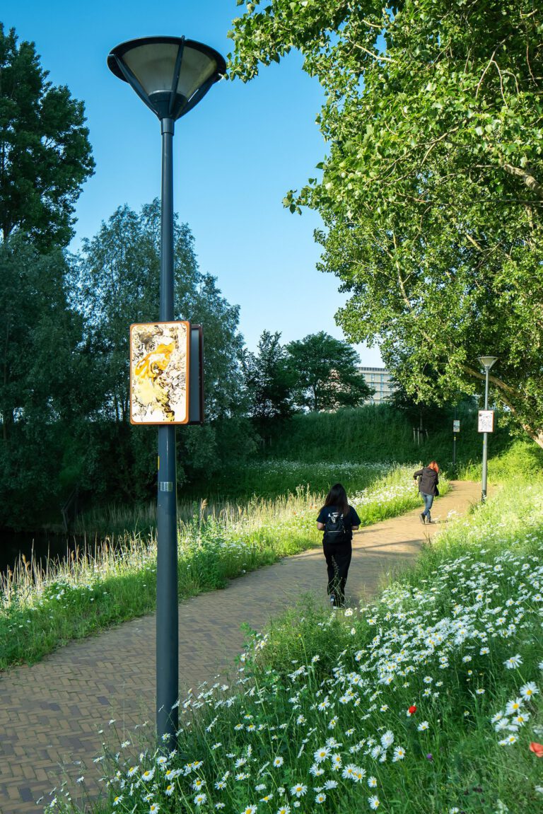 Beeldpaneel De vos langs de Geniedijk met wandelpad, water, bloemen, wandelaars en landschap van de Stelling van Amsterdam